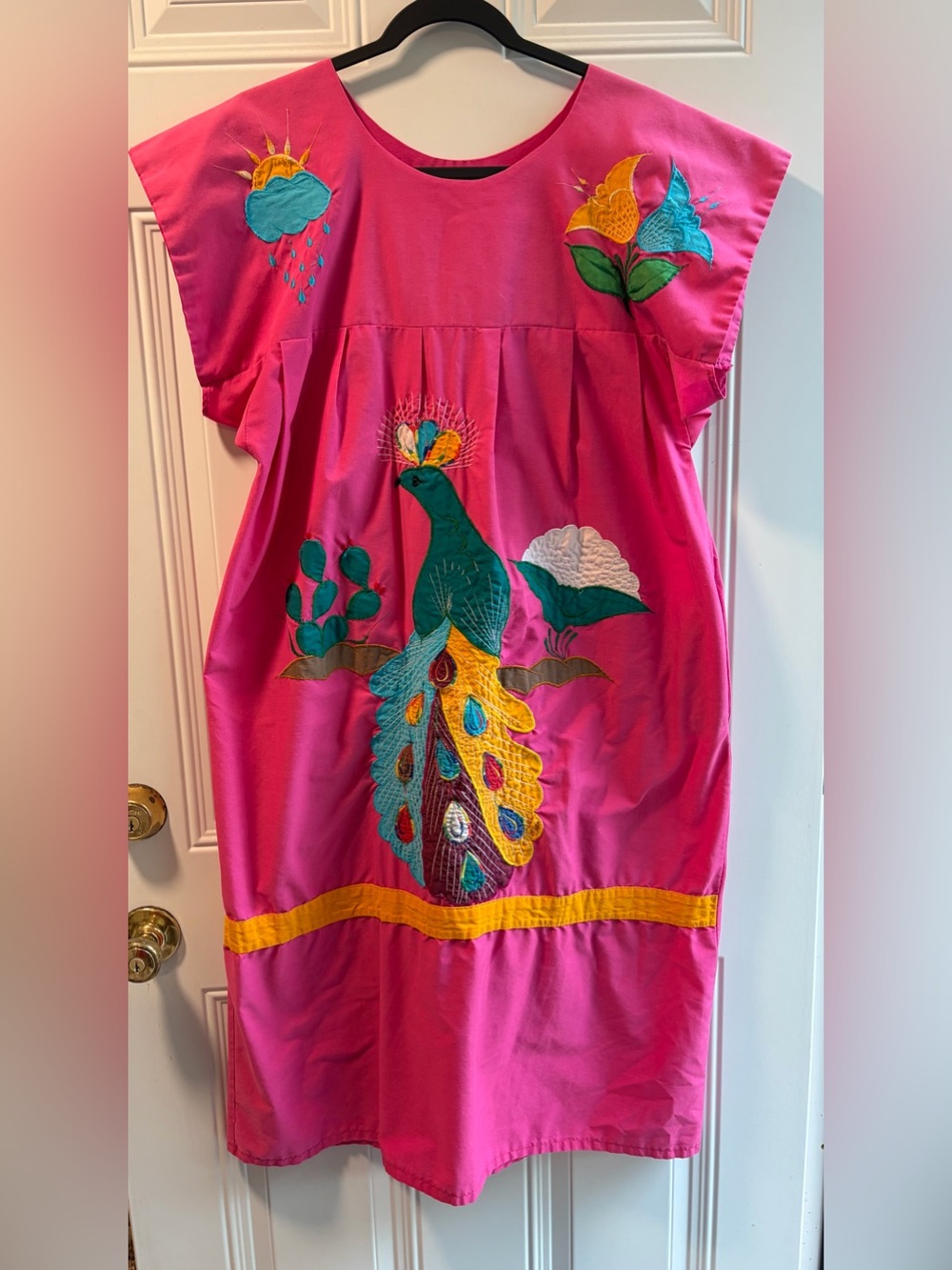 Embroidered Hot Pink Midi Dress with Peacock Motif